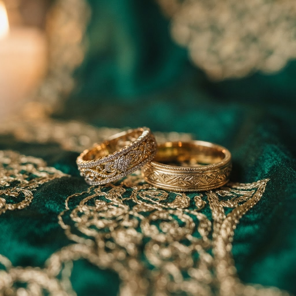 Golden wedding rings on emerald silk