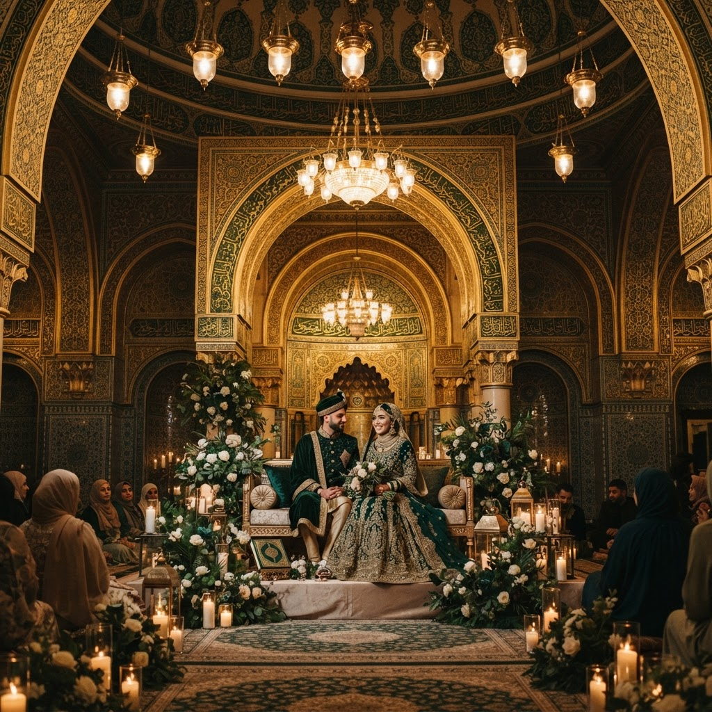 Elegant mosque interior with golden arches