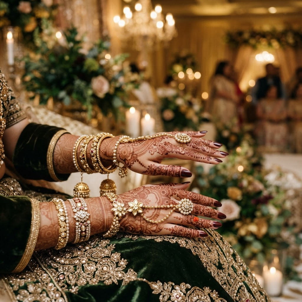 Bridal henna design with gold jewelry